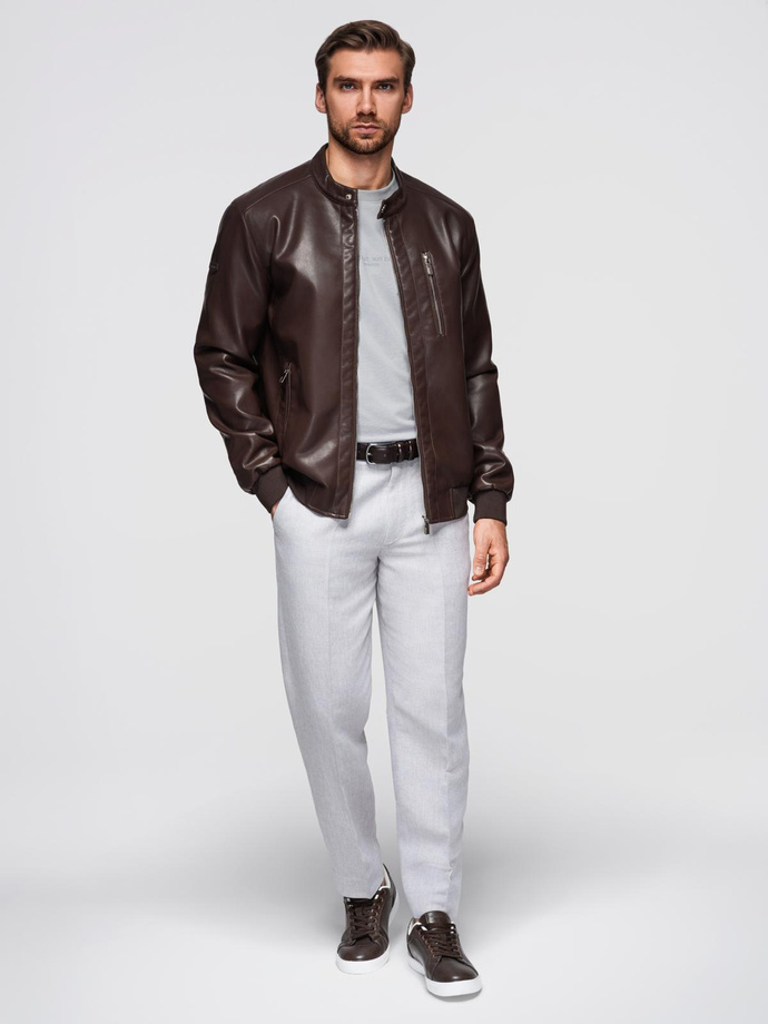 Vyriška odos imitacijos striukė su briaunuotais kraštais - tamsiai ruda V1 OM-JAFL-0109