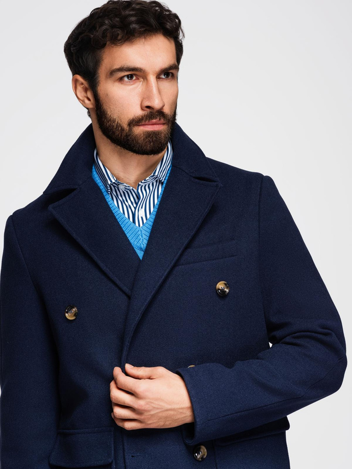 Pánský dvouřadový kabát s ozdobnými knoflíky - indigo V1 OM-COWC-0109