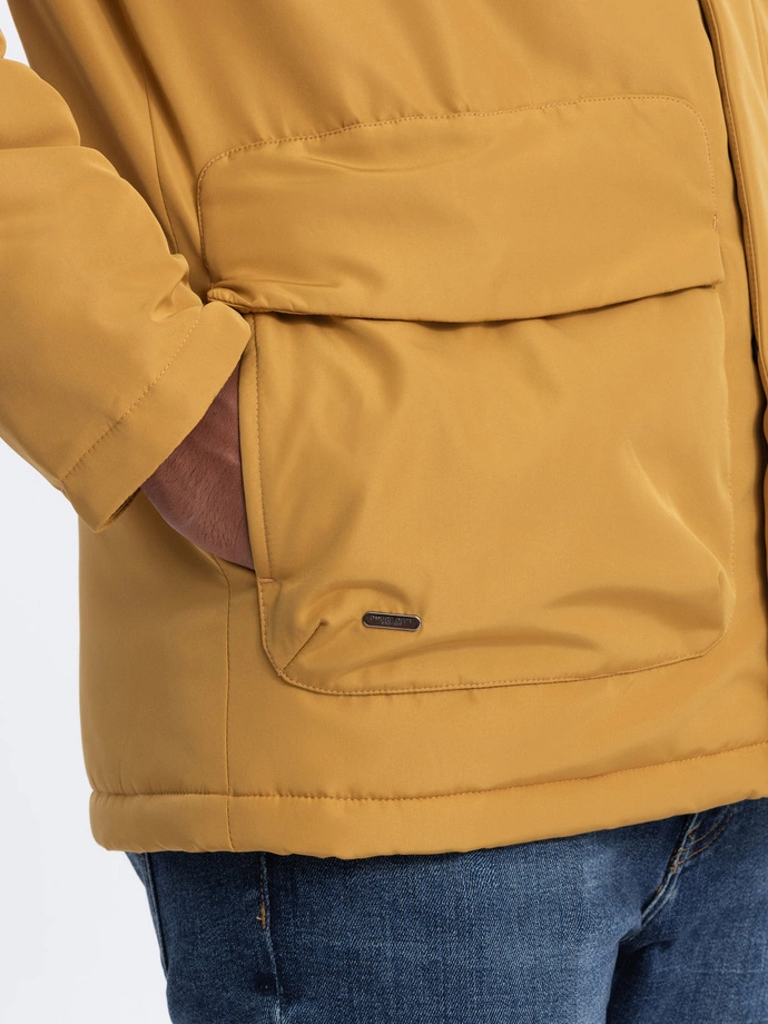 Men's insulated jacket with hood - mustard V2 OM-JAHP-0128