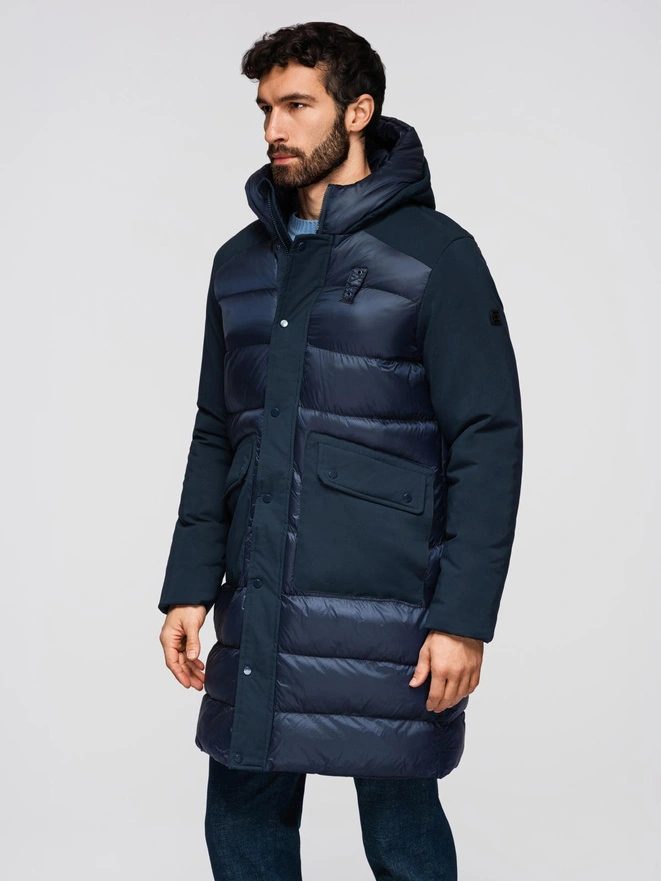 Men's quilted long jacket with large pockets - navy blue V4 OM-JALJ-0165