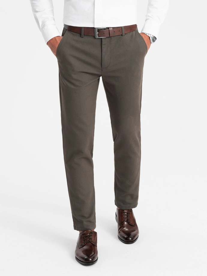 Klasické pánské chino kalhoty s jemnou texturou - khaki V2 OM-PACP-0188