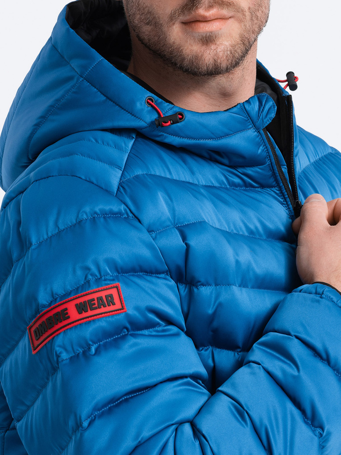 Jachetă matlasată pentru bărbați cu finisaj satinat - albastru intens V6 OM-JALP-0121