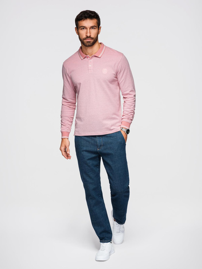 Men's melange polo longsleeve with embroidery - pink melange V2 OM-POLS-0129