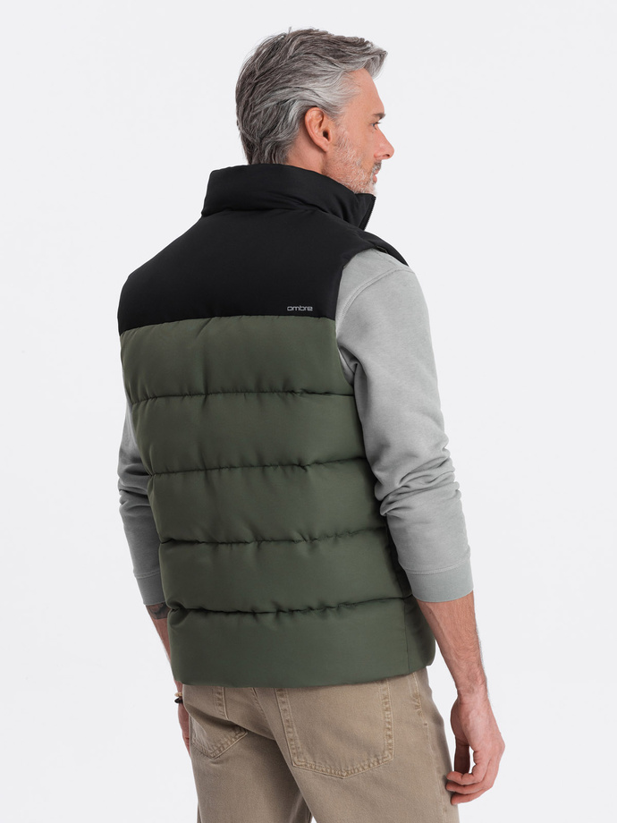 Men's quilted sleeveless jacket in contrasting colors - olive V4 OM-JAVJ-0161