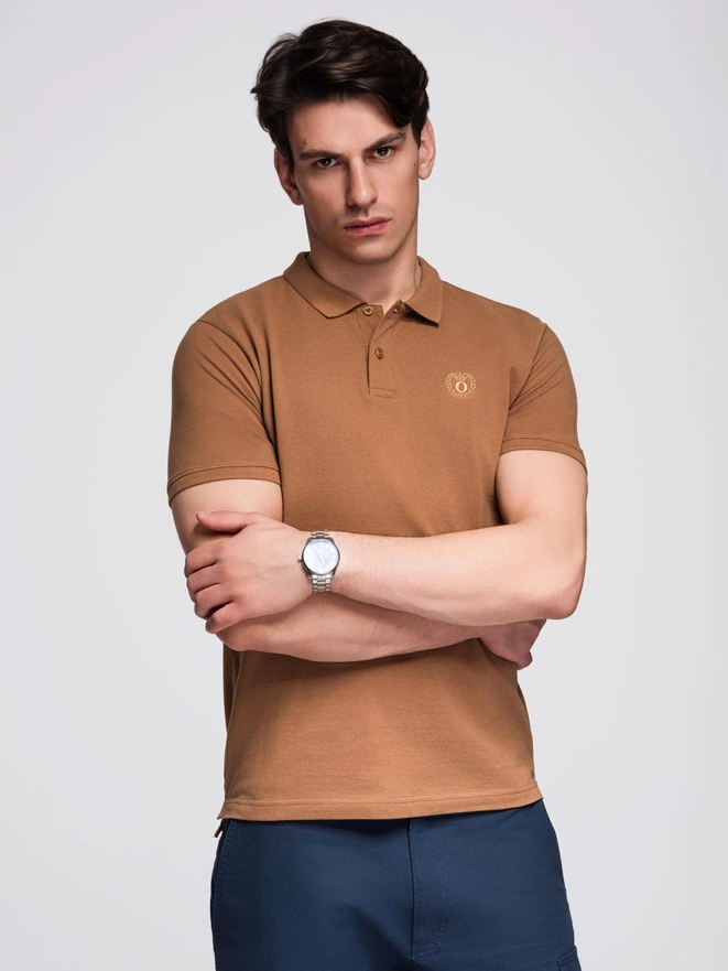 Tricou polo BASIC pentru bărbați BASIC tricot piqué monocolor - maro V23 OM-POBS-0100