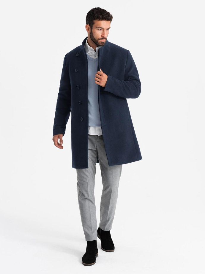 Men's coat with asymmetrical fastening and high collar - navy blue V3 OM-COWC-0120