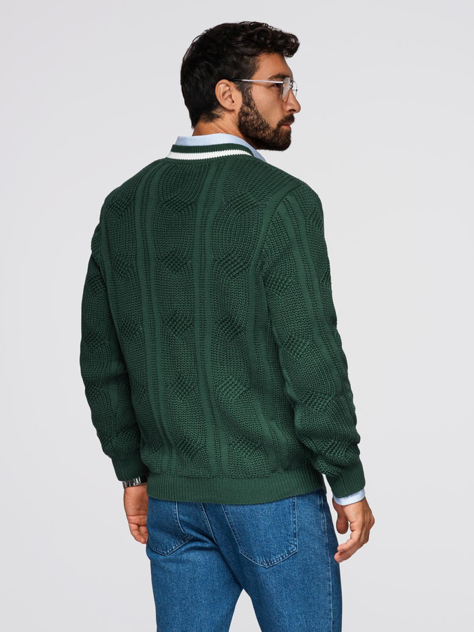 Men's plaid sweater with crew neckline - green V3 OM-SWSW-0151