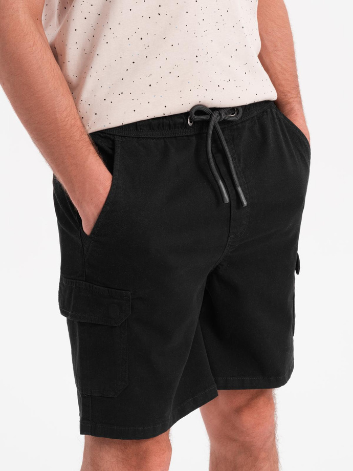 Men's cotton cargo shorts with elastic waistband - black V4 OM-SRCG-0190