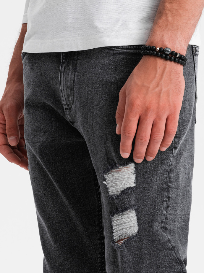 Prateľné pánske džínsové nohavice TAPER FIT s odieraním - graphite V3 OM-PADP-0163