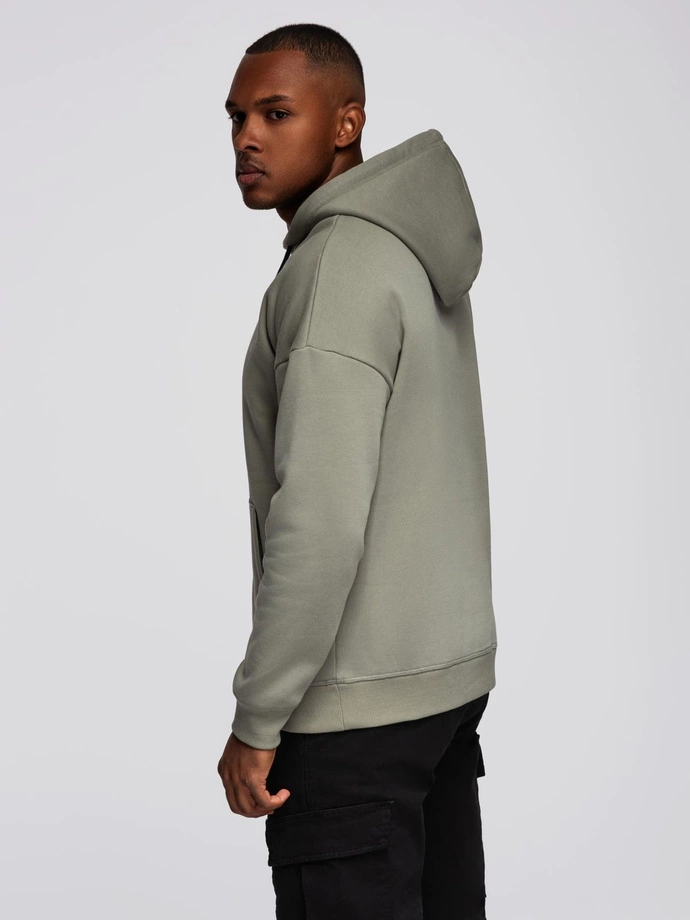 Men's kangaroo sweatshirt with embroidery and hood - khaki V3 OM-SSNZ-0241