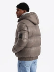 Warm men's puffer jacket with welts - dark beige V3 OM-JAHP-0207