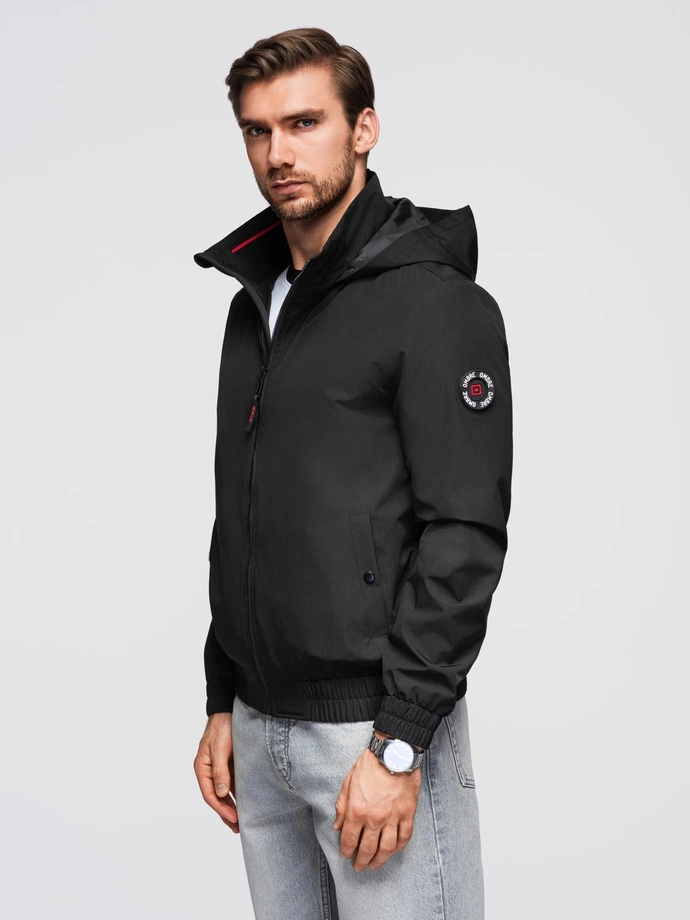 Men's jacket with hood and high collar - black V1 OM-JANP-0222