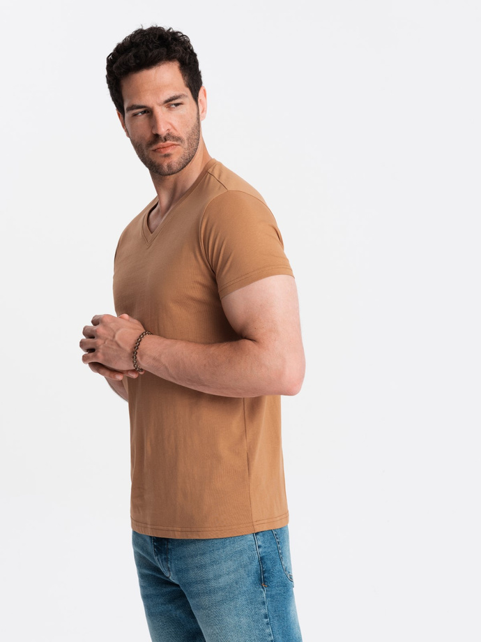Tricou cu guler în V din bumbac clasic BASIC pentru bărbați - maro V9 OM-TSBS-0145