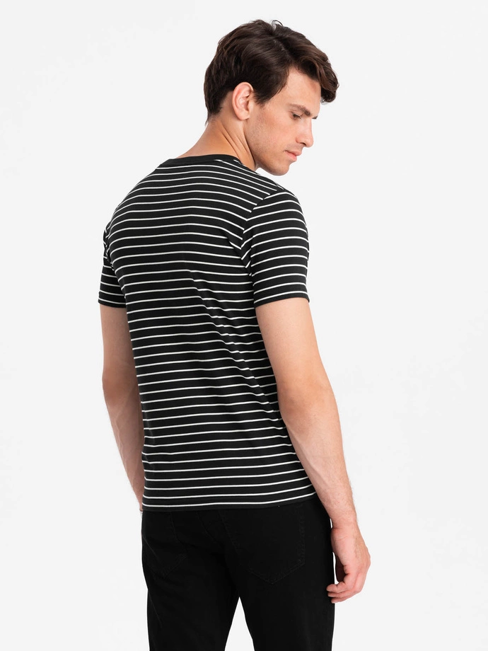 Men's striped t-shirt with patch by Ombre Design - black and white V2 OM-TSCT-0183