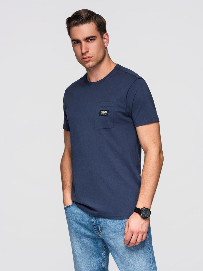 Men's casual t-shirt with pocket patch - navy blue V10 OM-TSCT-0109