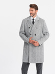 Elegant double-breasted men's herringbone coat - grey V1 OM-COWC-0118