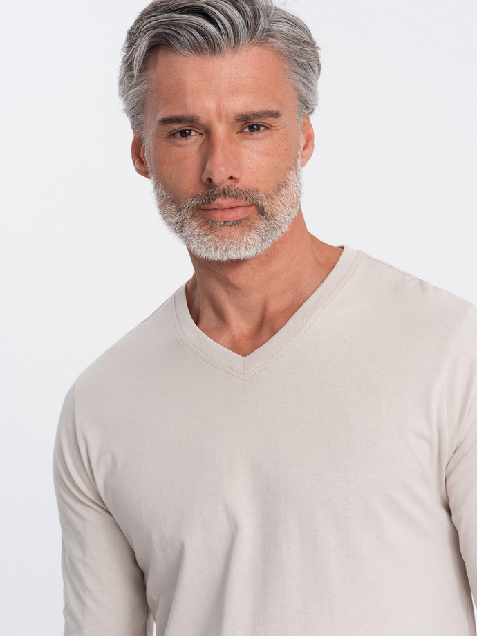 Men's unprinted longsleeve with v-neck - light beige V1 OM-LSBL-0108