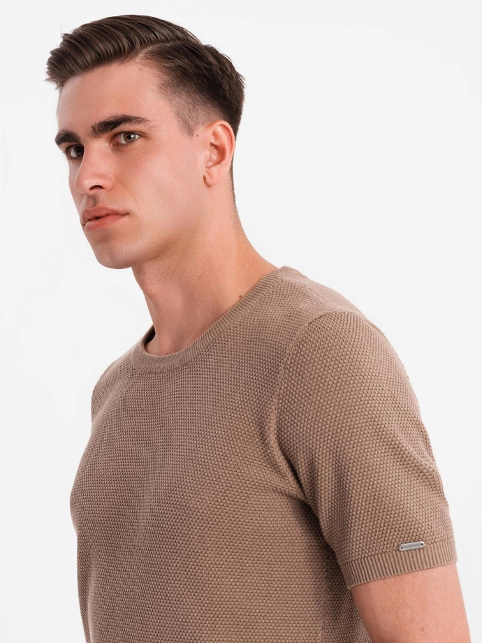 Men's fine-textured knit shirt - light brown V2 OM-TSCT-0244