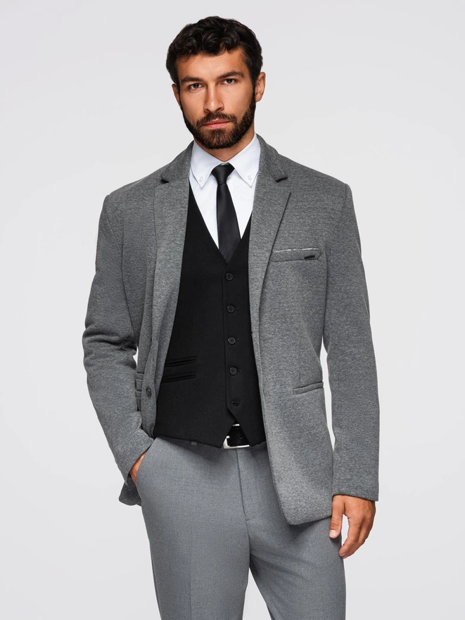 Men's knitted jacket with a fitted cut - graphite V1 OM-BLZB-0100