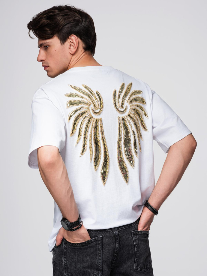 Men's cotton T-shirt with sequin wing motif on back - white V2 OM-TSCT-0289