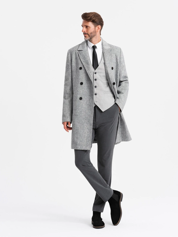 Elegant double-breasted men's herringbone coat - grey V1 OM-COWC-0118