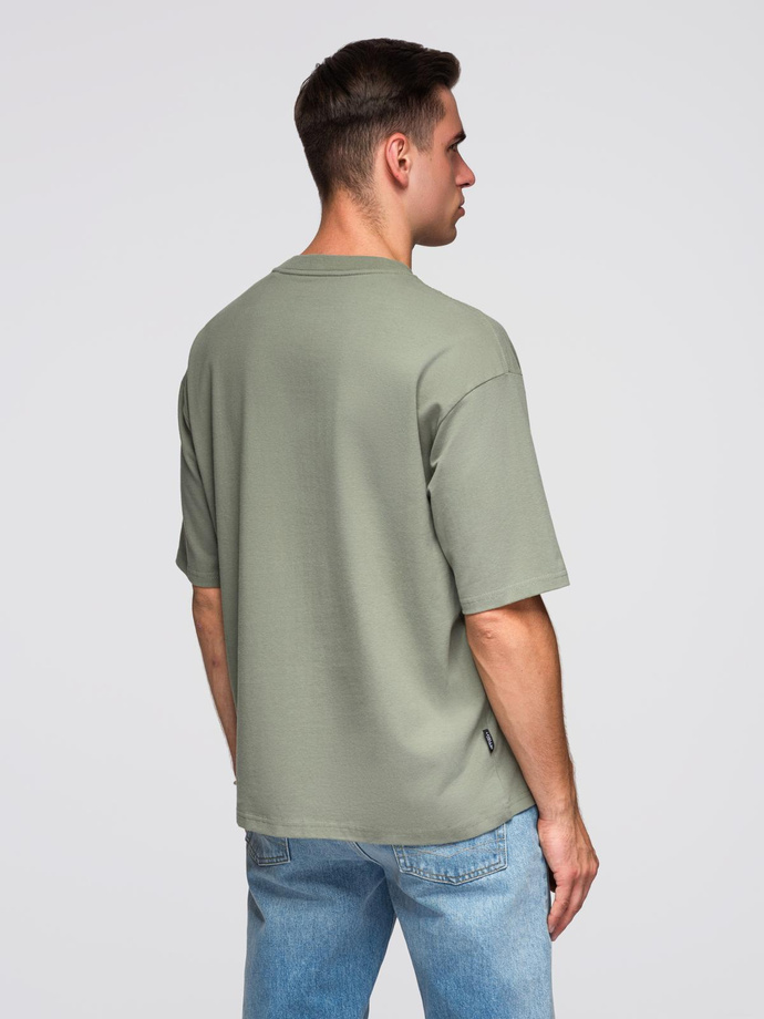 Pánské bavlněné tričko LOOSE FIT s kulatým výstřihem - khaki V8 OM-TSBC-0234