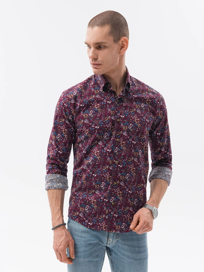 Men's slim shirt with long sleeves - dark red K610