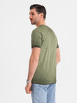 Men's cotton V-neck knit t-shirt with washed effect - olive V9 OM-TSWT-0242