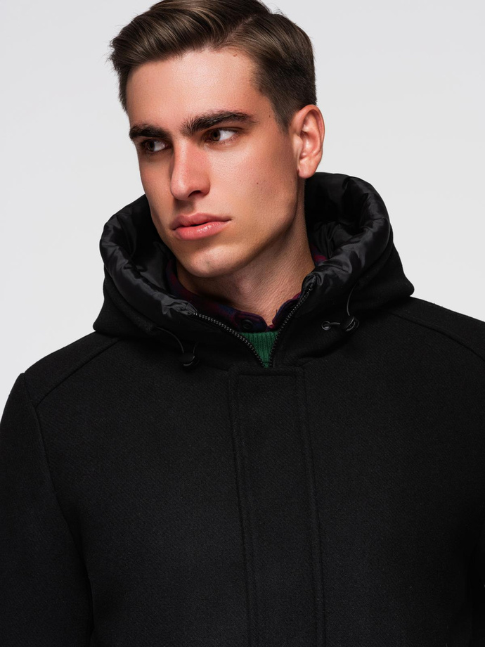 Men's parka coat with wool and hood - black V1 OM-COWC-0132