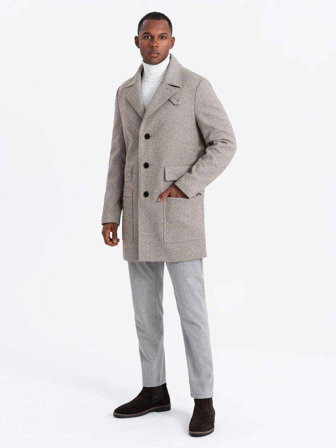 Single-breasted patterned men's coat with pockets - ash V1 OM-COWC-0108