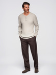 Men's ribbed sweater with buttons at the neckline - beige V3 OM-SWSW-0182