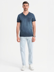 Men's cotton V-neck knit t-shirt with wash effect - navy blue V7 OM-TSWT-0242