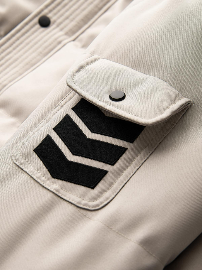 Vyriška ilga šilta striukė su gobtuvu - smėlio spalvos V5 OM-JALJ-0182