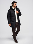 Men's long quilted jacket with hood - black V1 OM-JALJ-0264