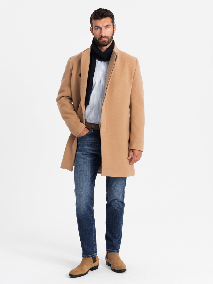 Men's coat with asymmetrical fastening and high collar - light brown V4 OM-COWC-0120