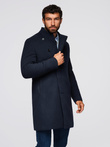 Men's coat with asymmetrical fastening and high collar - navy blue V3 OM-COWC-0141