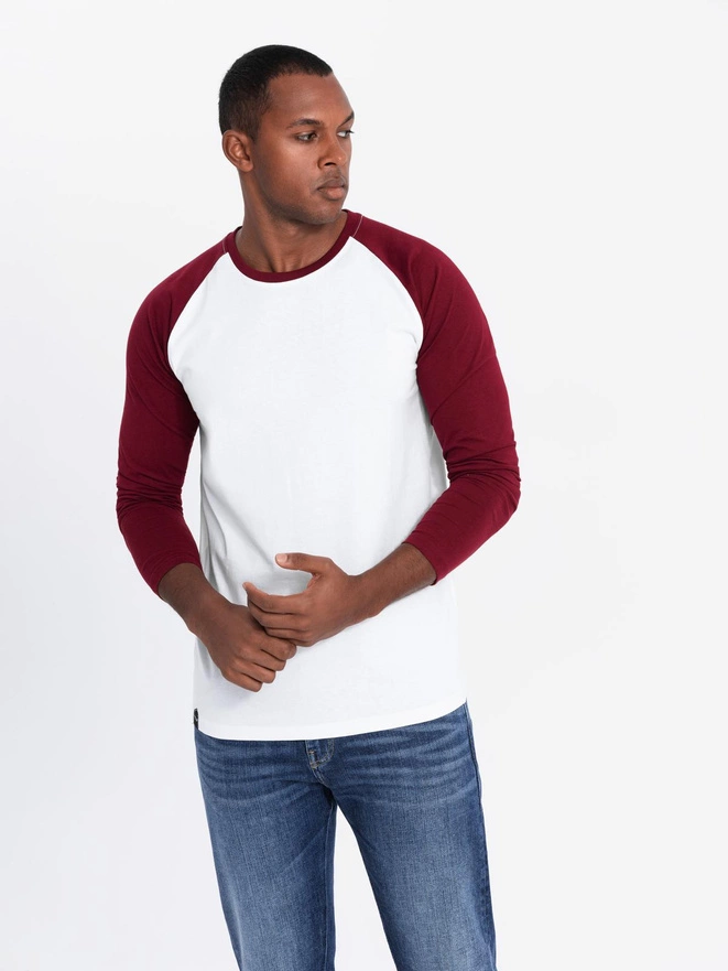Men's longsleeve with contrasting raglan sleeves - white and maroon V2 OM-LSCL-0105