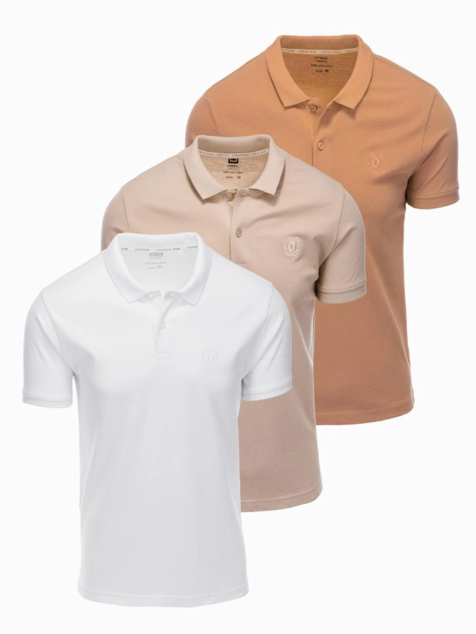 Set tricou polo din bumbac pentru bărbați BASIC - alb/alb/maro deschis V6 OM-POBS-0133