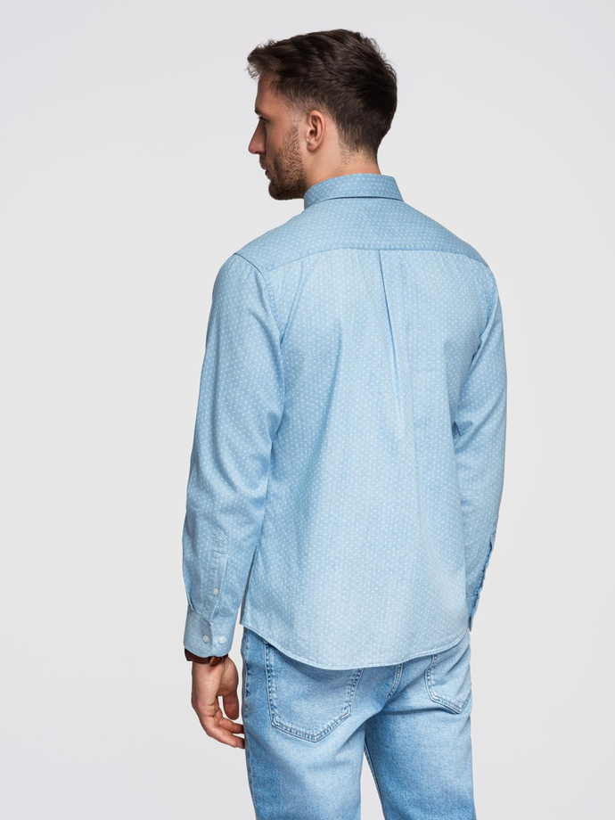 Men's patterned thin denim shirt with pocket - light blue V1 OM-SHDS-0179