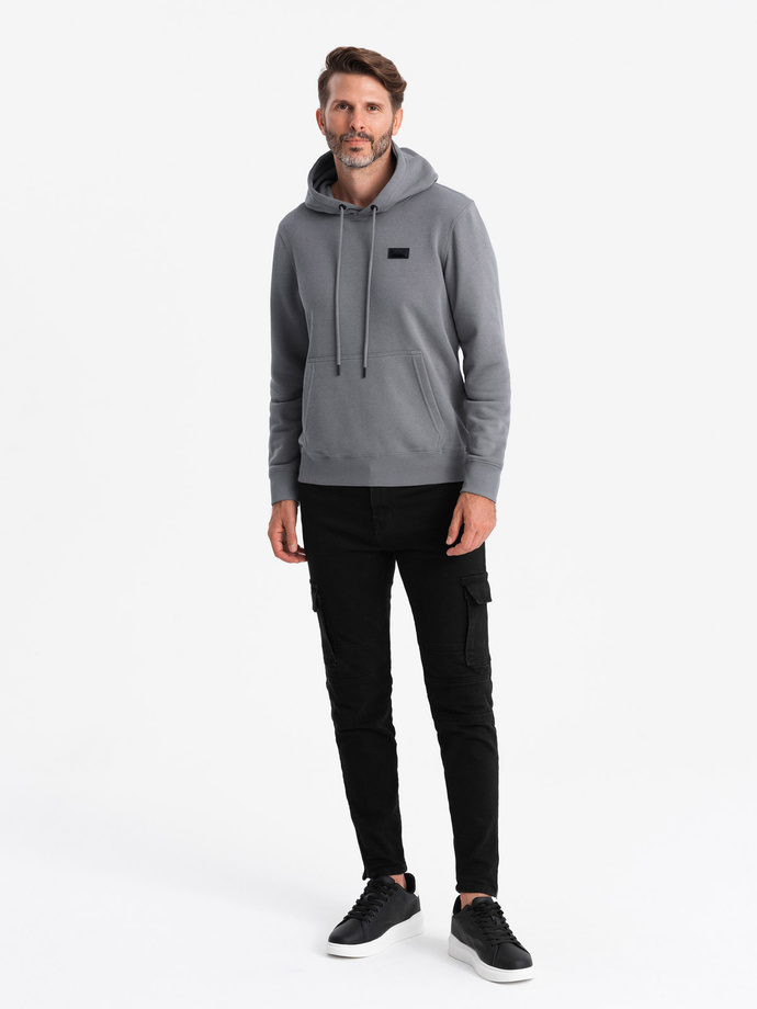Men's kangaroo sweatshirt with hood and metal pin - grey V1 OM-SSNZ-0141