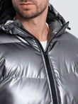 Men's glossy puffer jacket with hood - graphite V2 OM-JAHP-0129