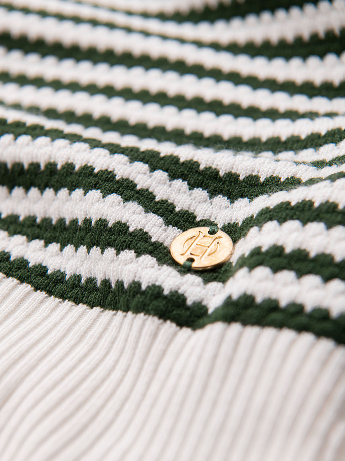 Men's knitted t-shirt with navy stripes and openwork weave - olive and white V3 OM-TSCT-0255