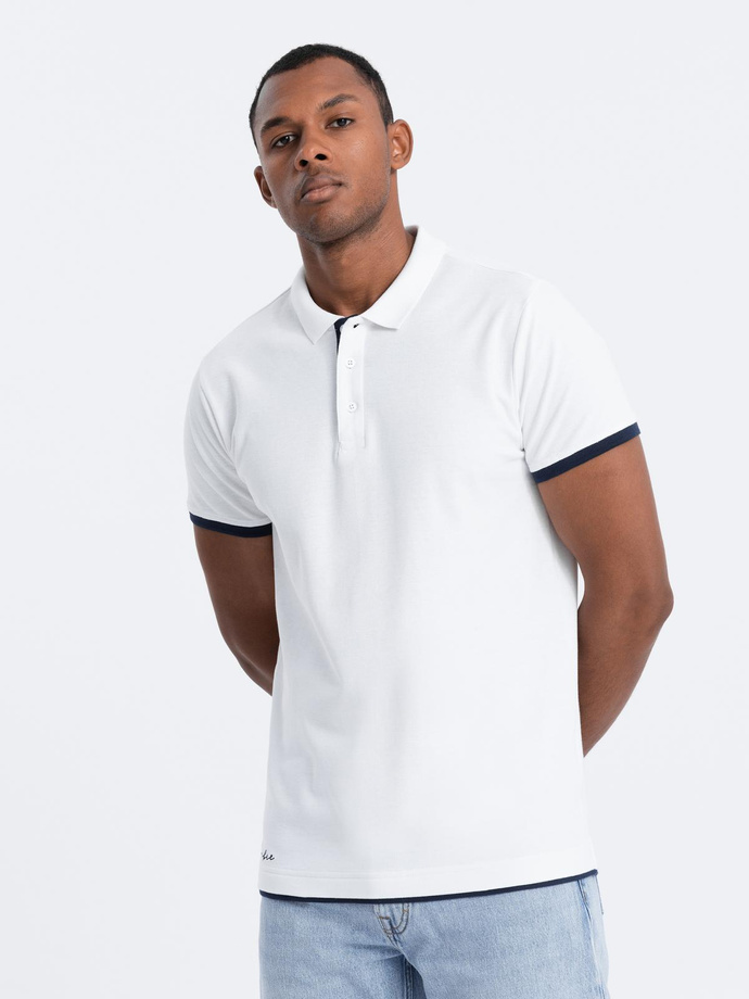 Tricou polo bărbătesc din bumbac cu ornamente contrastante - alb V1 OM-POSS-0113