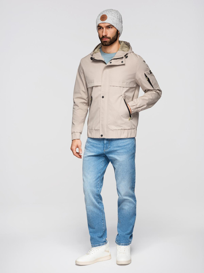 Functional men's transitional jacket with hood - beige V3 OM-JANP-0225