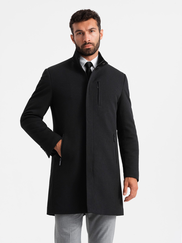 Fitted structured men's high collar coat - black V1 OM-COWC-0117