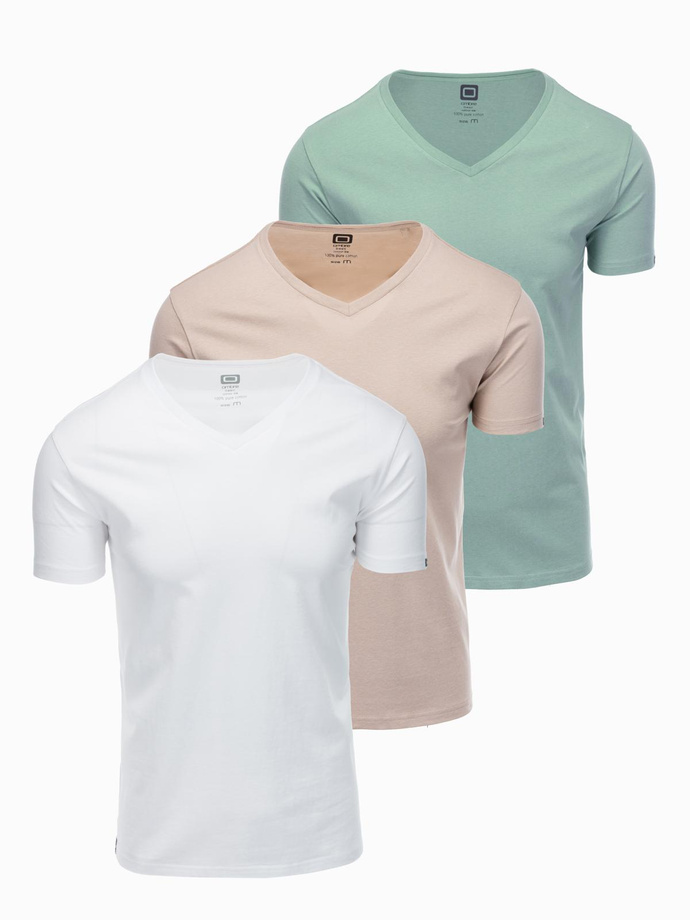 Set tricou bărbătesc BASIC din bumbac cu decolteu în V - gri-verde/alb/bej V14 OM-TSBS-0233