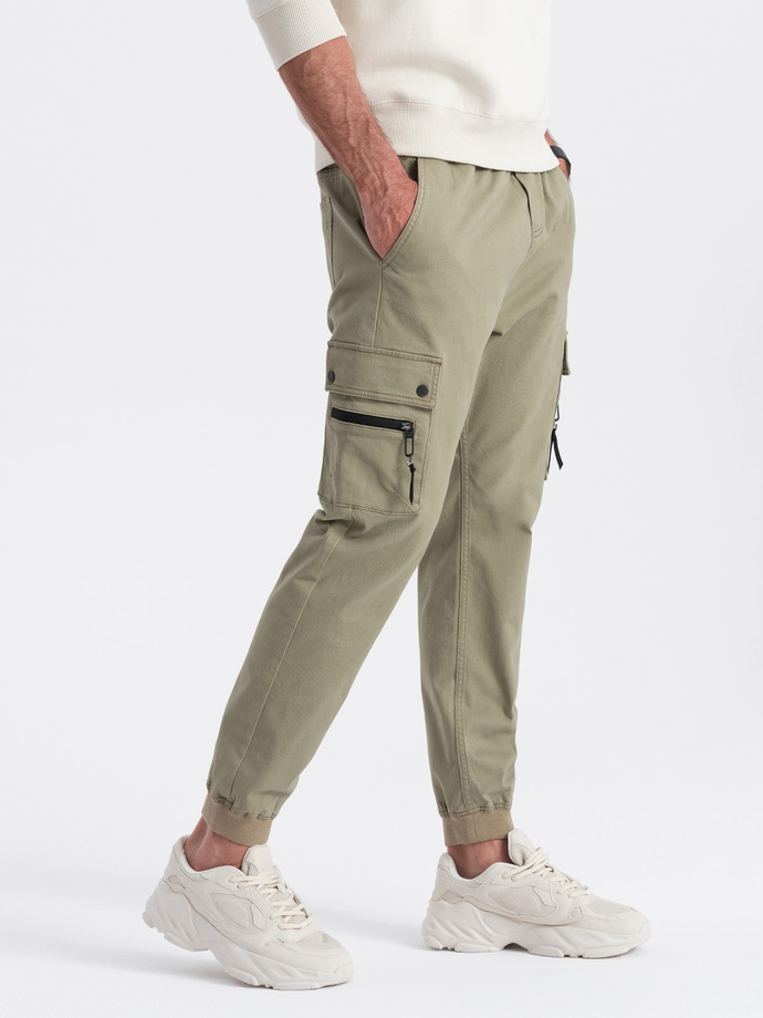 Pánske nohavice JOGGER s cargo vreckami na zips - khaki V1 OM-PAJO-0125