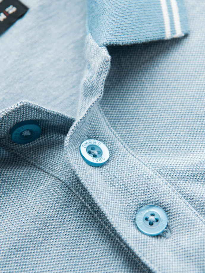 Men's melange polo longsleeve with embroidery - blue melange V3 OM-POLS-0129 