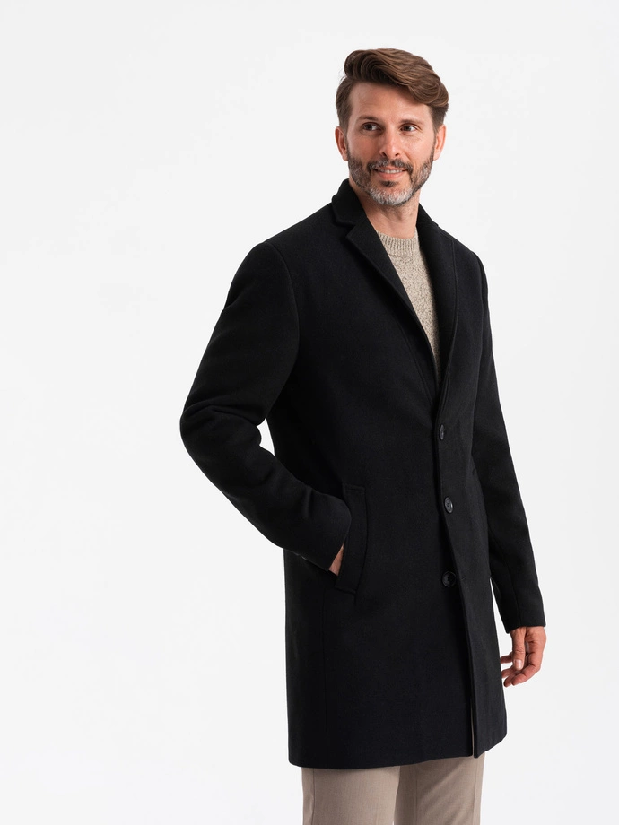 Single-breasted long men's suit style coat - black V1 OM-COWC-0105