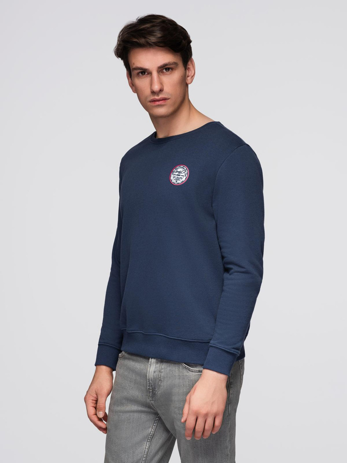 Men's sweatshirt with round neckline and patch - navy blue V2 B1713